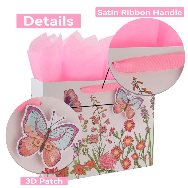 Qirrmiy 13"" Large Pink Gift Bag Set with Greeting Card and Tissue Papers (3D Butterfly and Flowers) for Women's Birthday Party  Girls' or Kids'  Mothers' Day  Wedding  Valentine's Day - Image 4